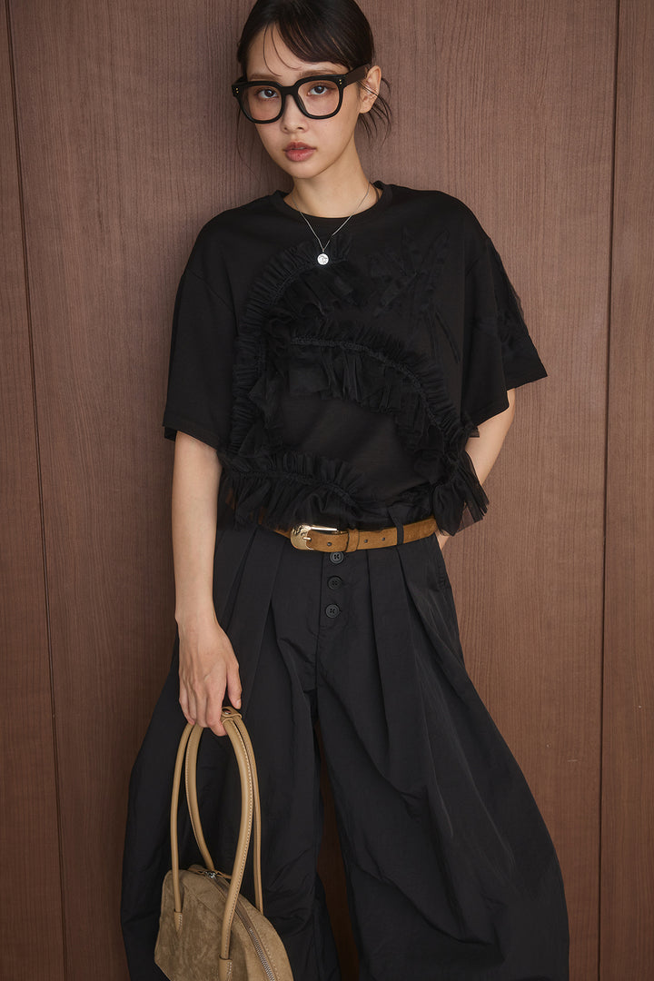 [SET]チュールモチーフデザインTシャツ+ボタンデザインニーサイドタックパンツ(2set)