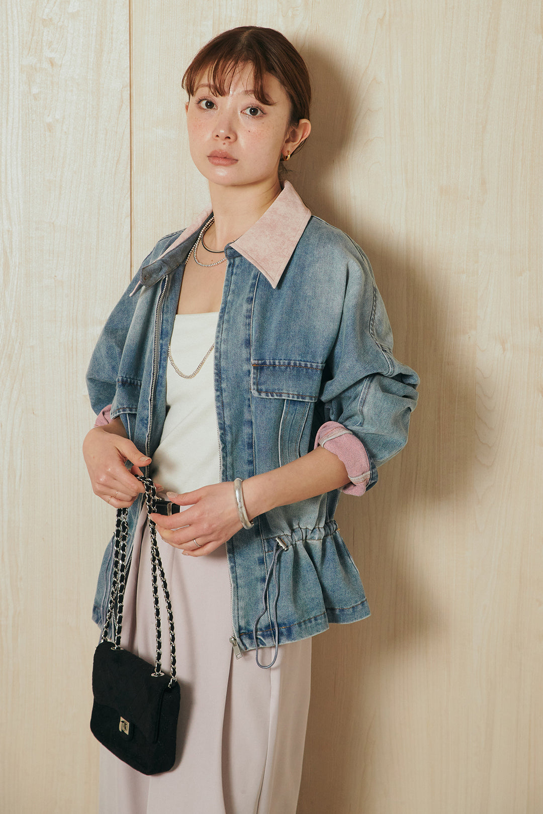 [SET]襟付き配色デニムブルゾン+ビックベルトループタックベルト付きワイドパンツ(2set)