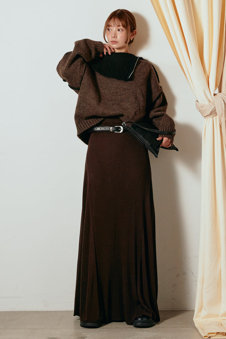 [SET]ハイネックジップデザインニットトップス+サイド切り替えリブニットロングスカート(2set)