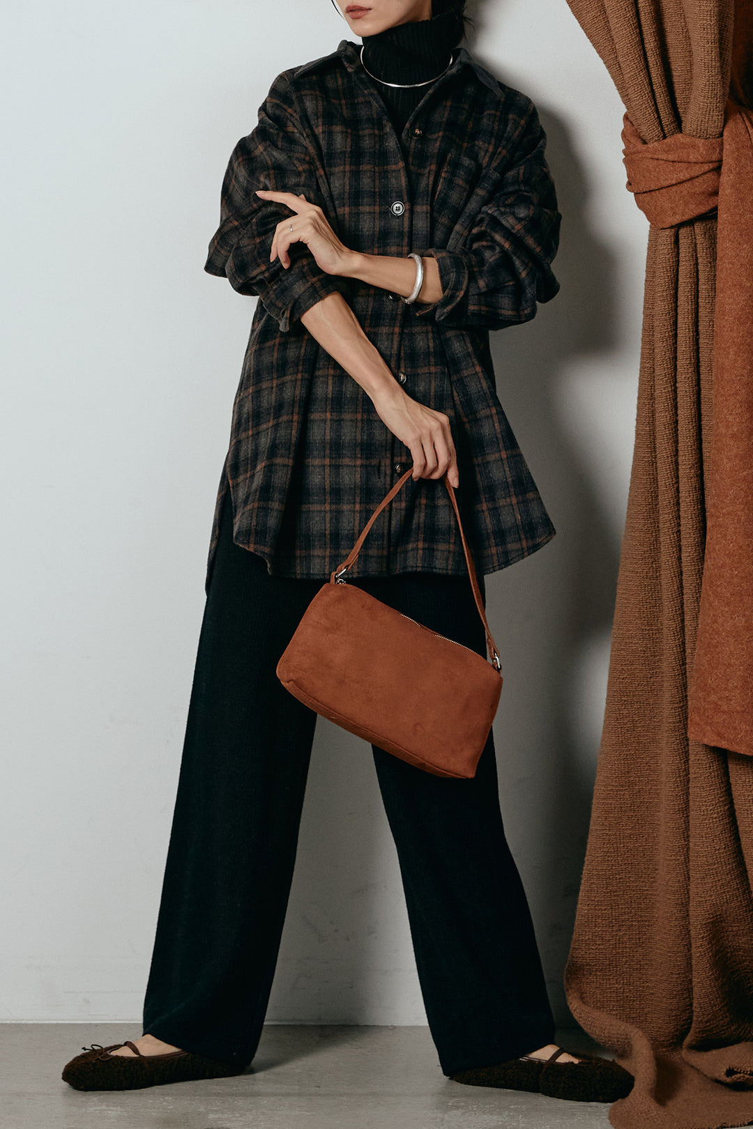 [SET]シャギーチェックシャツジャケット+ワイドリブニットイージーパンツ+リブニットシームレスタートルプルオーバー(3set)