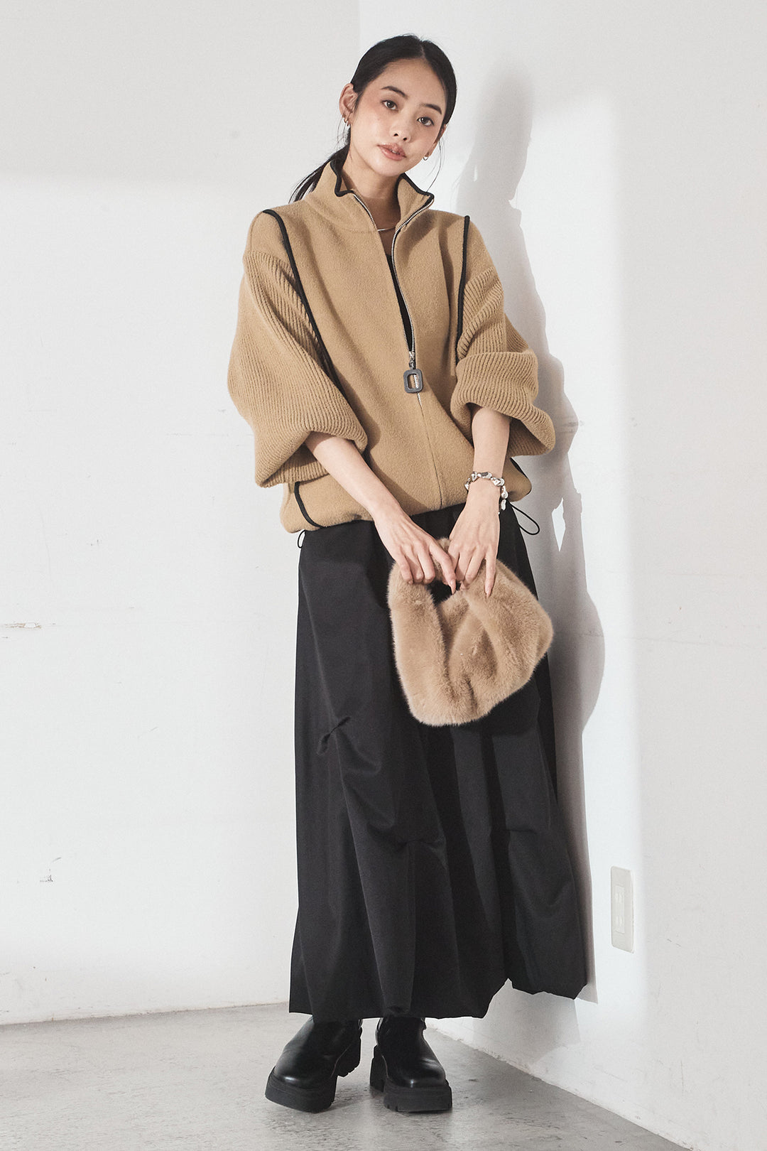 [SET]ハイネックパイピングデザインブルゾン+ランダムタックバルーンスカート(2set)