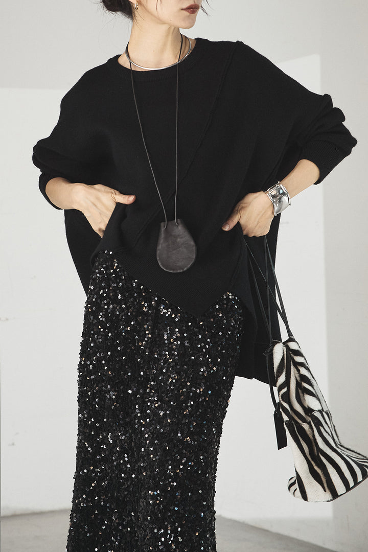 [SET]アシンメトリーデザインニットトップス+スパンコールニットワイドスカート(2set)