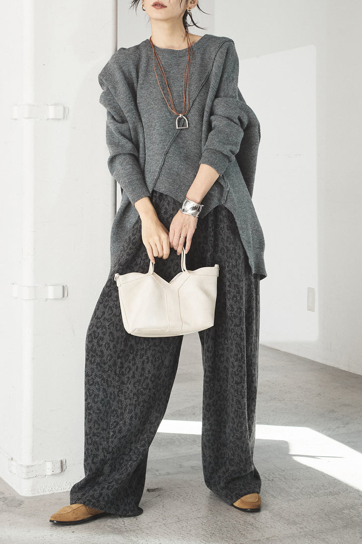 [SET]アシンメトリーデザインニットトップス+リラックスレオパード柄ワイドパンツ(2set)
