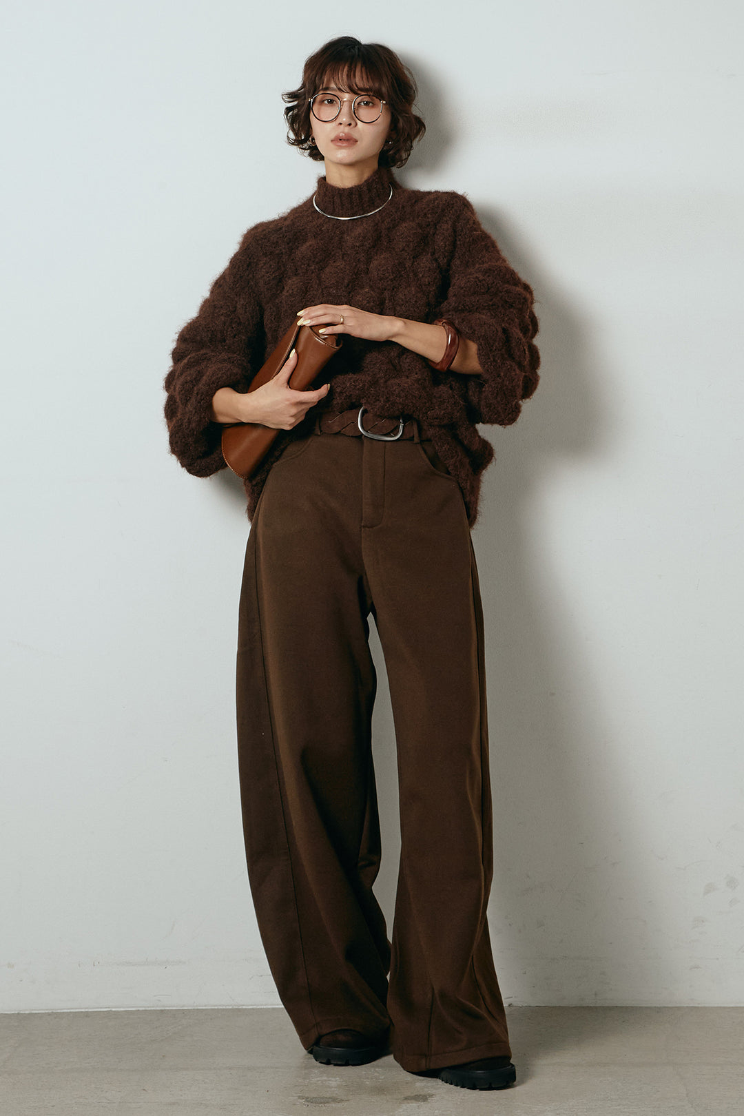 [SET]ボリュームポップコーンニットトップス+編みベルト付きワイドパンツ(2set)