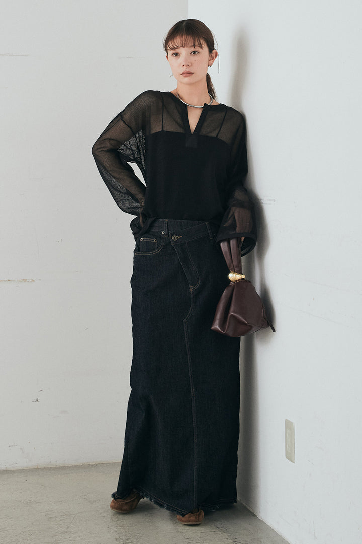 [SET]メッシュカットソースキッパープルオーバー+ウエストクロスデニムタイトスカート(2set)