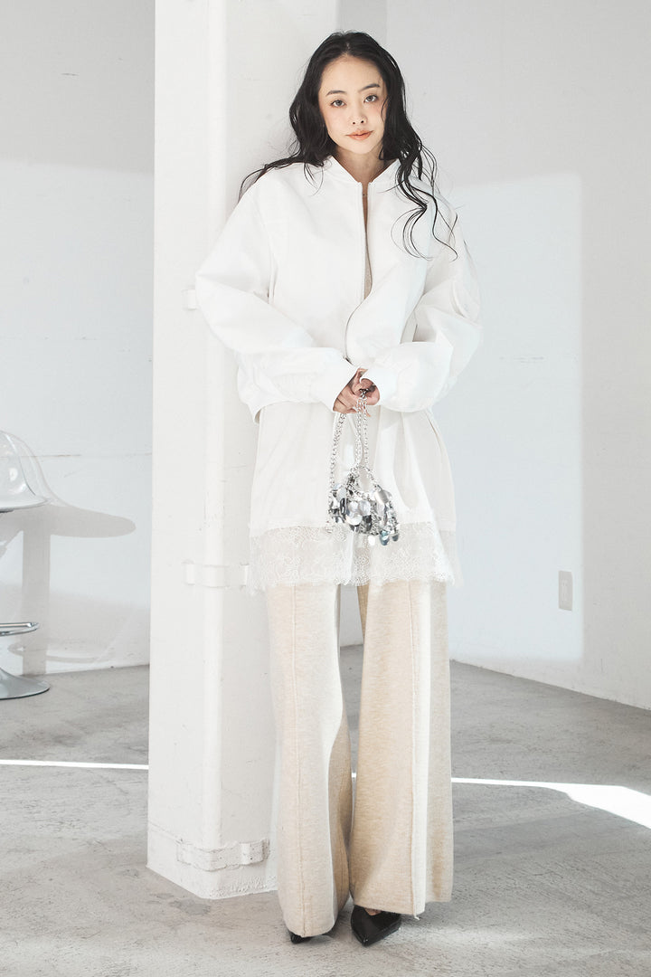 [SET]袖ギャザーデザインブルゾン+センターラインニットパンツ(2set)