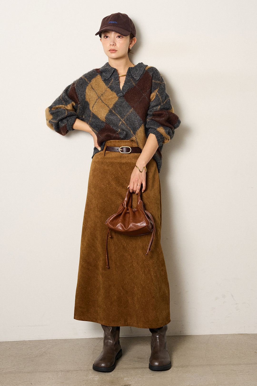 [SET]アクリルモヘアアーガイルキーネックプルオーバー+ロープベルト付きスウェード調スカート(2set)