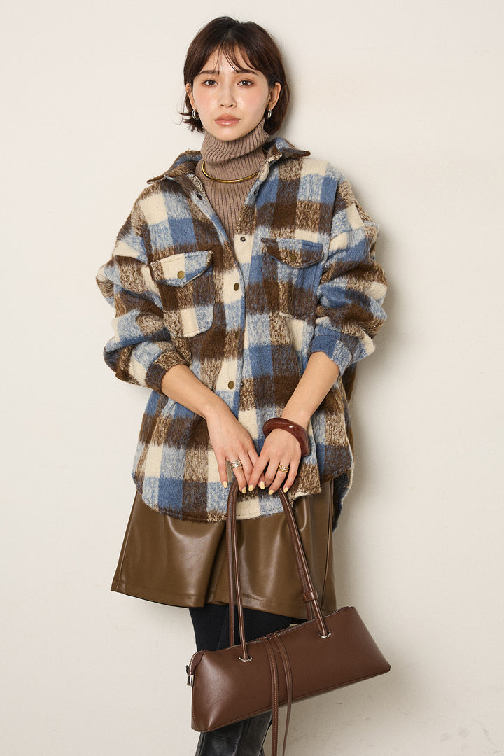 [SET]起毛チェック柄ポケットアウター+ストレッチエコレザーバミューダパンツ+リブニットシームレスタートルプルオーバー(3set)