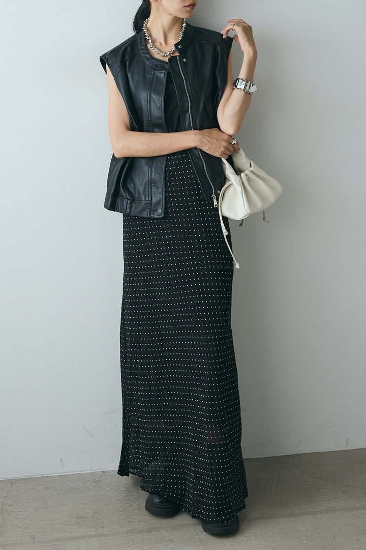 [SET]バンドカラーフェイクレザーベスト+マルチ柄シアースカート(2set)