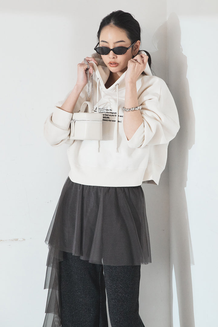 [SET]裏起毛レタリング刺繍フーディショートプルオーバー+チュールレイヤードニットパンツ(2set)