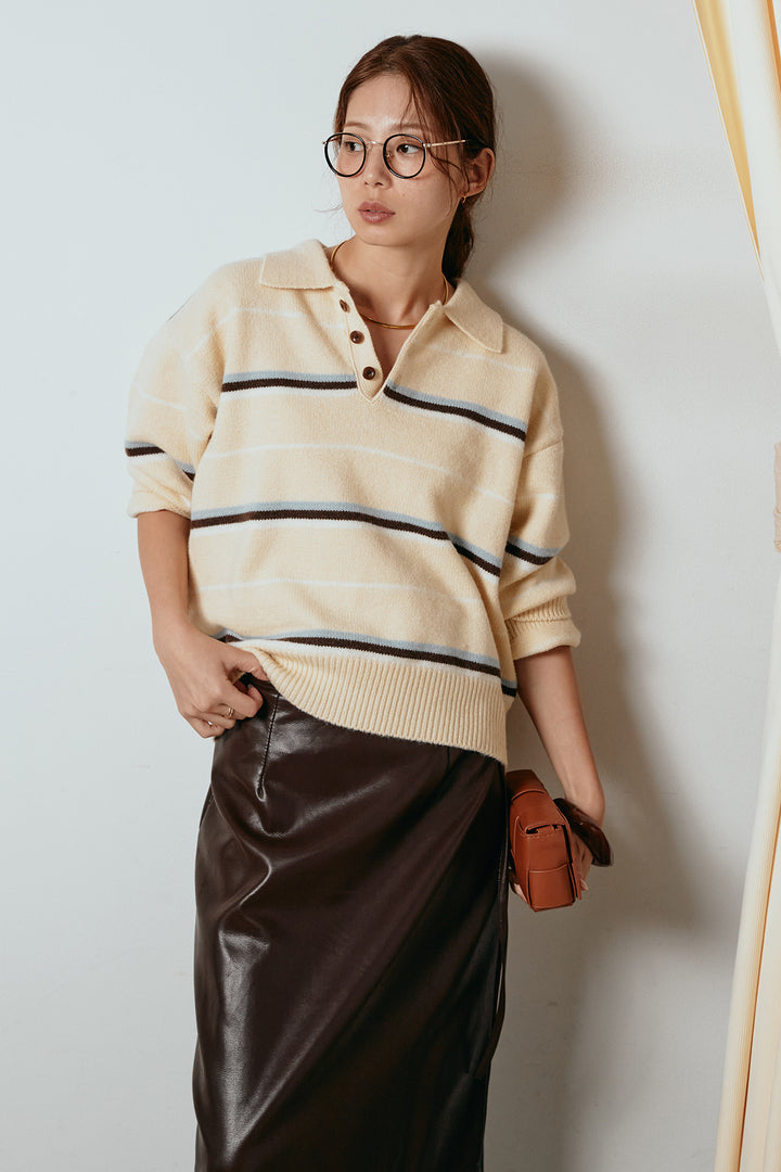 [SET]襟付きマルチボーダーニットポロトップス+紐付きフェイクレザーワイドスカート(2set)