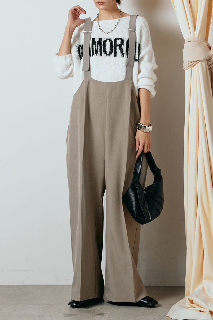 [SET]フロントロゴデザインニットトップス+ワイドツイルサロペット(2set)