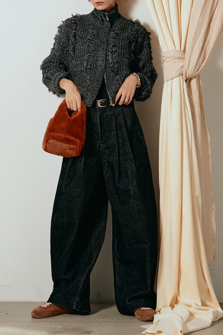 [SET]ハイネックフリンジジップニットトップス+フロントタック入りコーデュロイパンツ(2set)