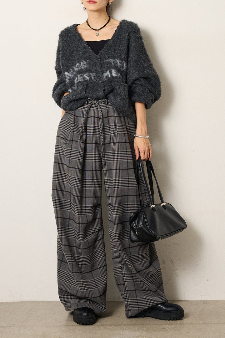 [SET]ウール混透かしロゴニットカーディガン+グレンチェックルーズタックパンツ(2set)