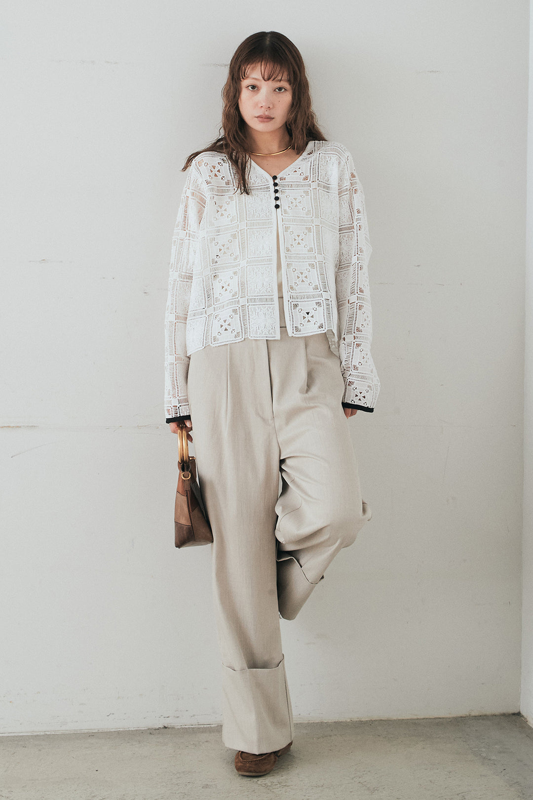 [SET]クロシェレースカーディガン+センタープレスセミワイドパンツ(2set)