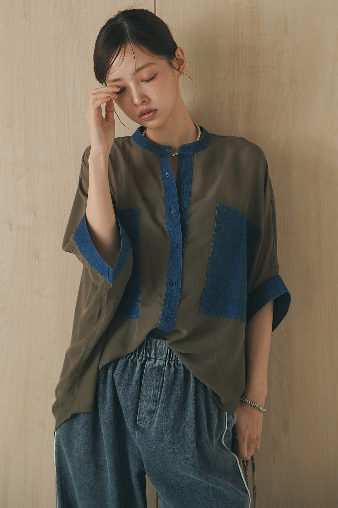 [SET]デニムライクビッグツーポケシアーシャツ+ドロストサイドラインデニムパンツ(2set)