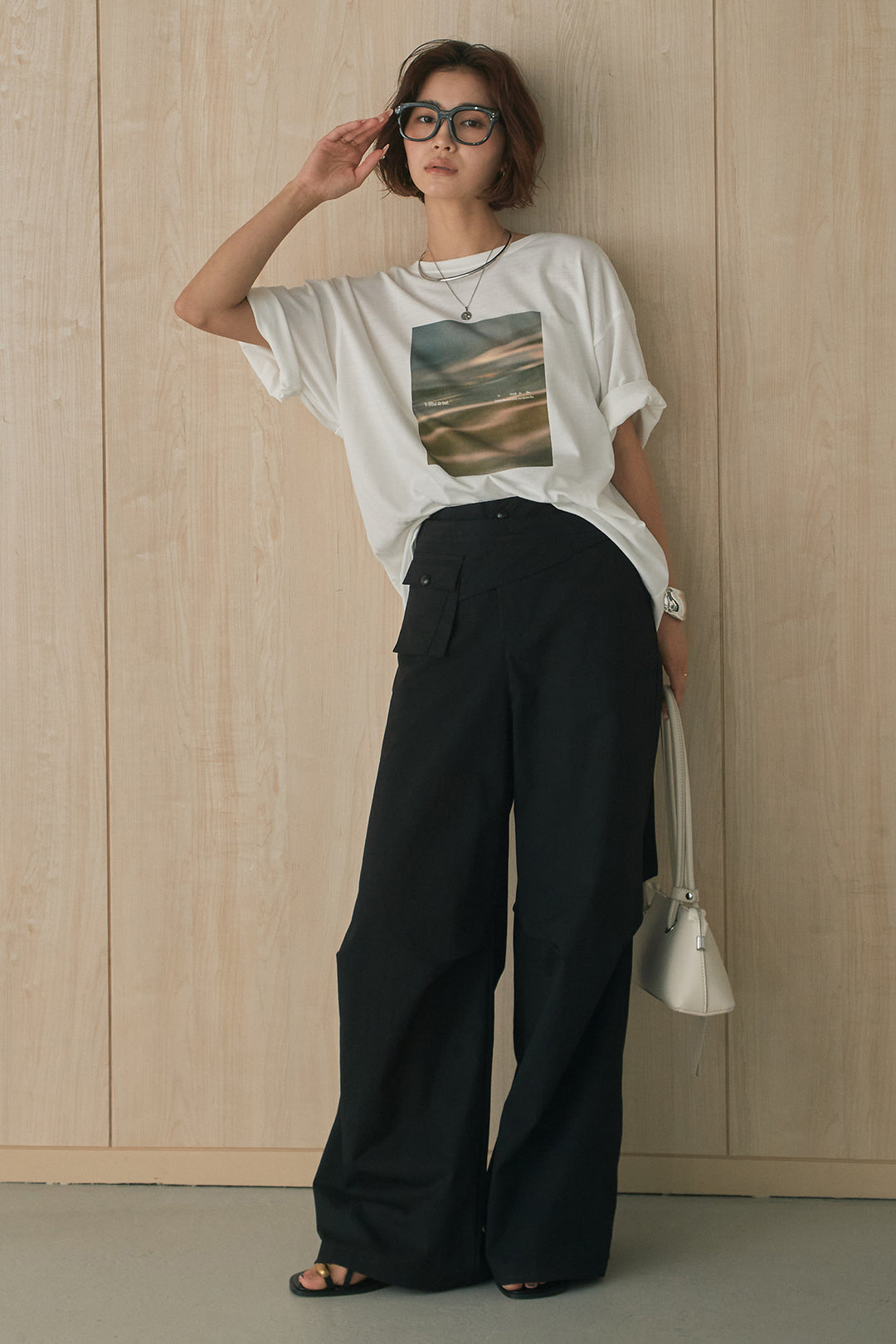 [SET]MarbleプリントTシャツ+ポケットベルト付きニーサイドタックパンツ(2set)