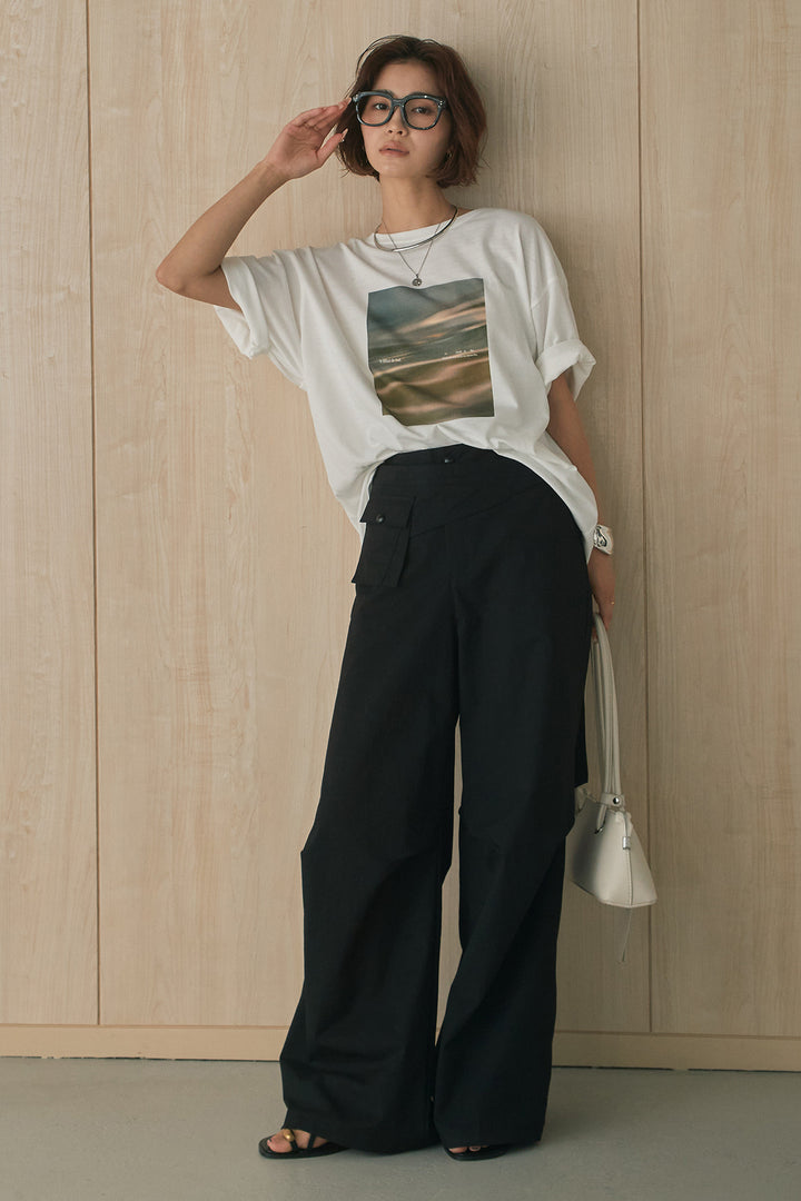 [SET]MarbleプリントTシャツ+ポケットベルト付きニーサイドタックパンツ(2set)