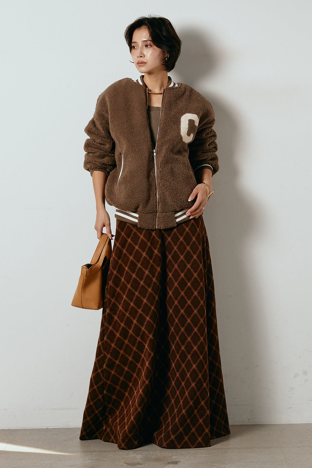 [SET]ロゴスタジャンボアブルゾン+フロッキー起毛チェックスカート(2set)