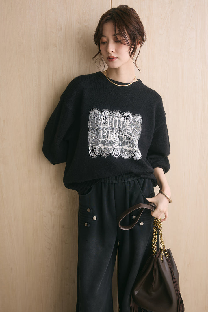 [SET]アルパカタッチ刺繍ロゴプルオーバー+ナポレオンディテールカーブパンツ(2set)