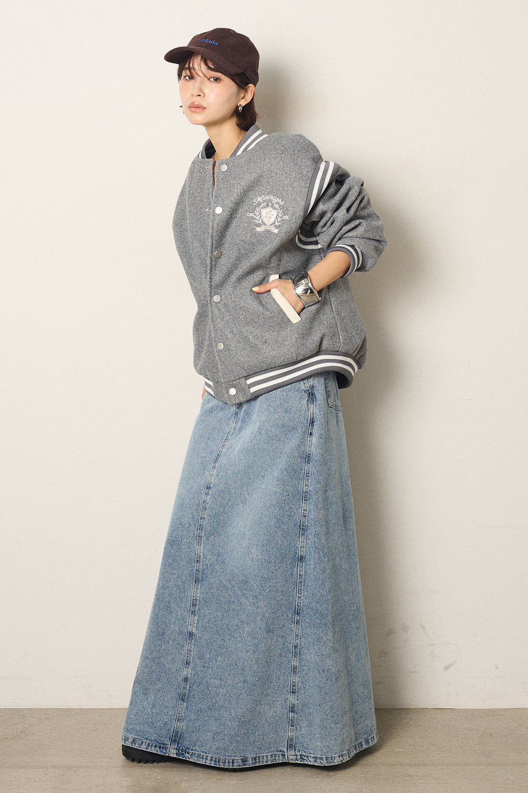 [SET]ワンポイントデザインブルゾン+デニムロングフレアスカート(2set)