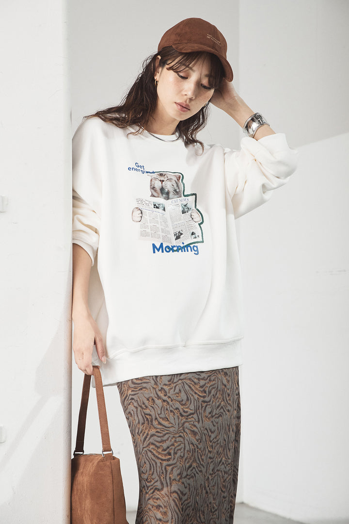 [SET]裏起毛モーニングキャットプリントスウェット+抽象柄ロングスカート(2set)