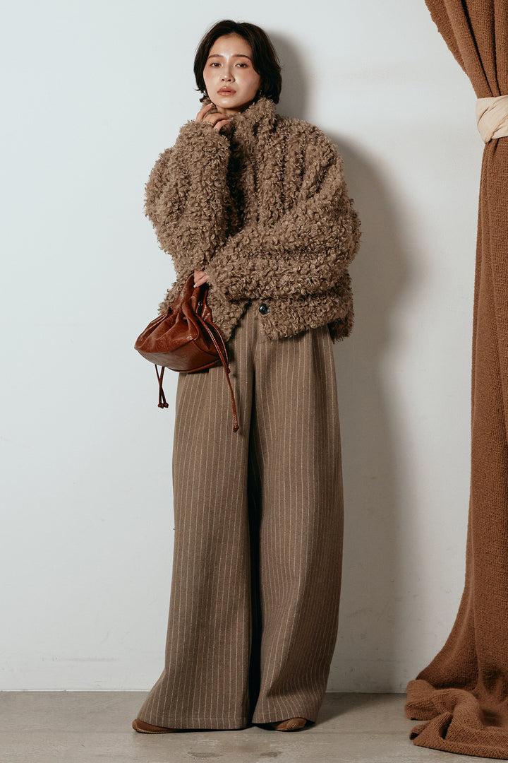 [SET]プードルファーミドルジャケット+ウールライクストライプパンツ(2set)