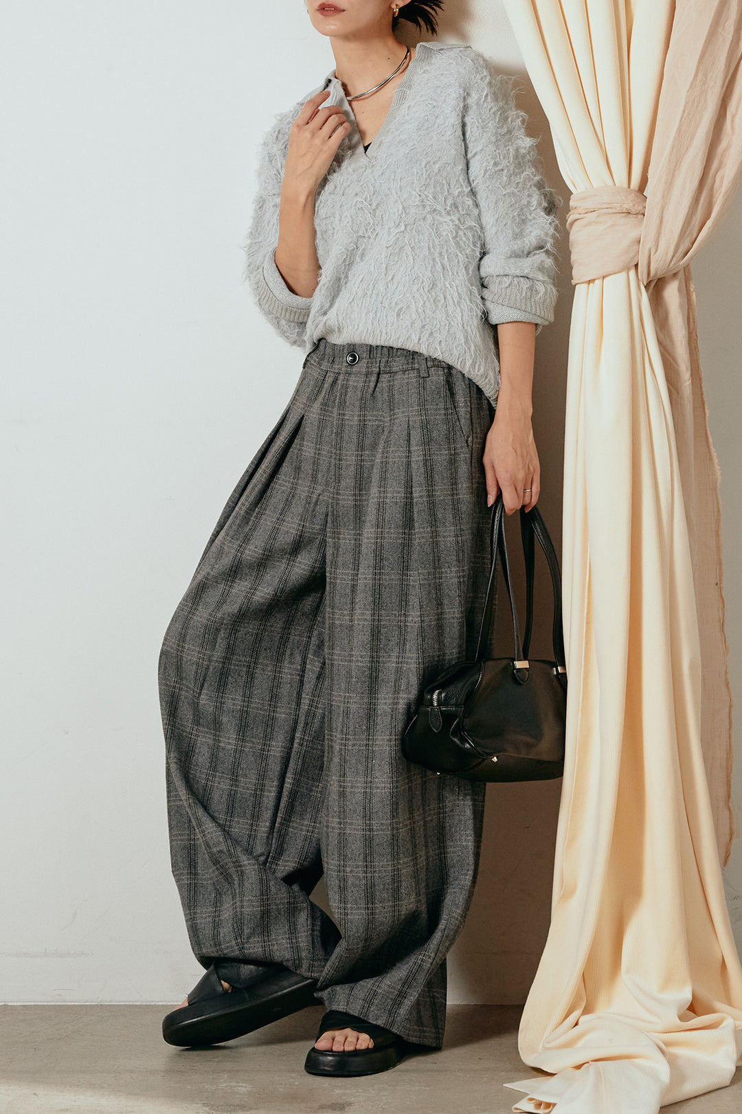 [SET]襟付きシャギーニットポロトップス+タータンチェック柄タックパンツ(2set)