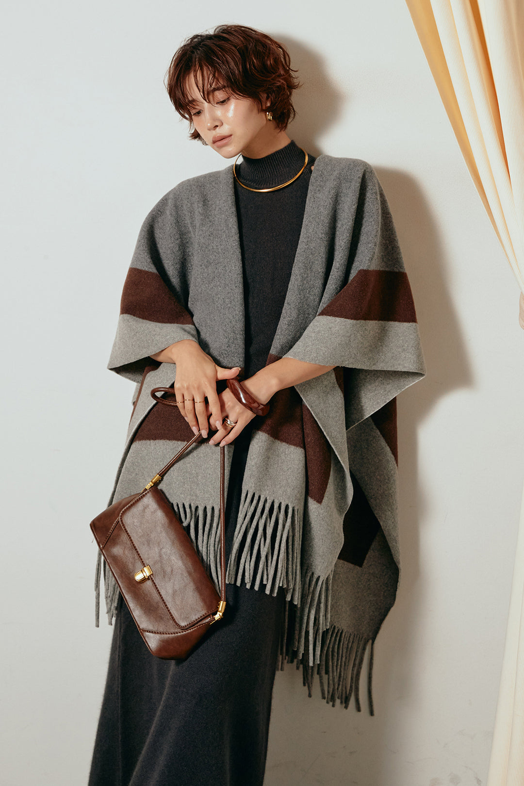 [SET]裾フリンジ柄ポンチョアウター+ノースリーブニットロングワンピース(2set)