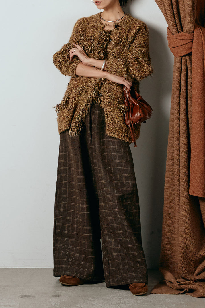 [SET]フリンジニットカーディガン+ウールライクチェックタックパンツ(2set)