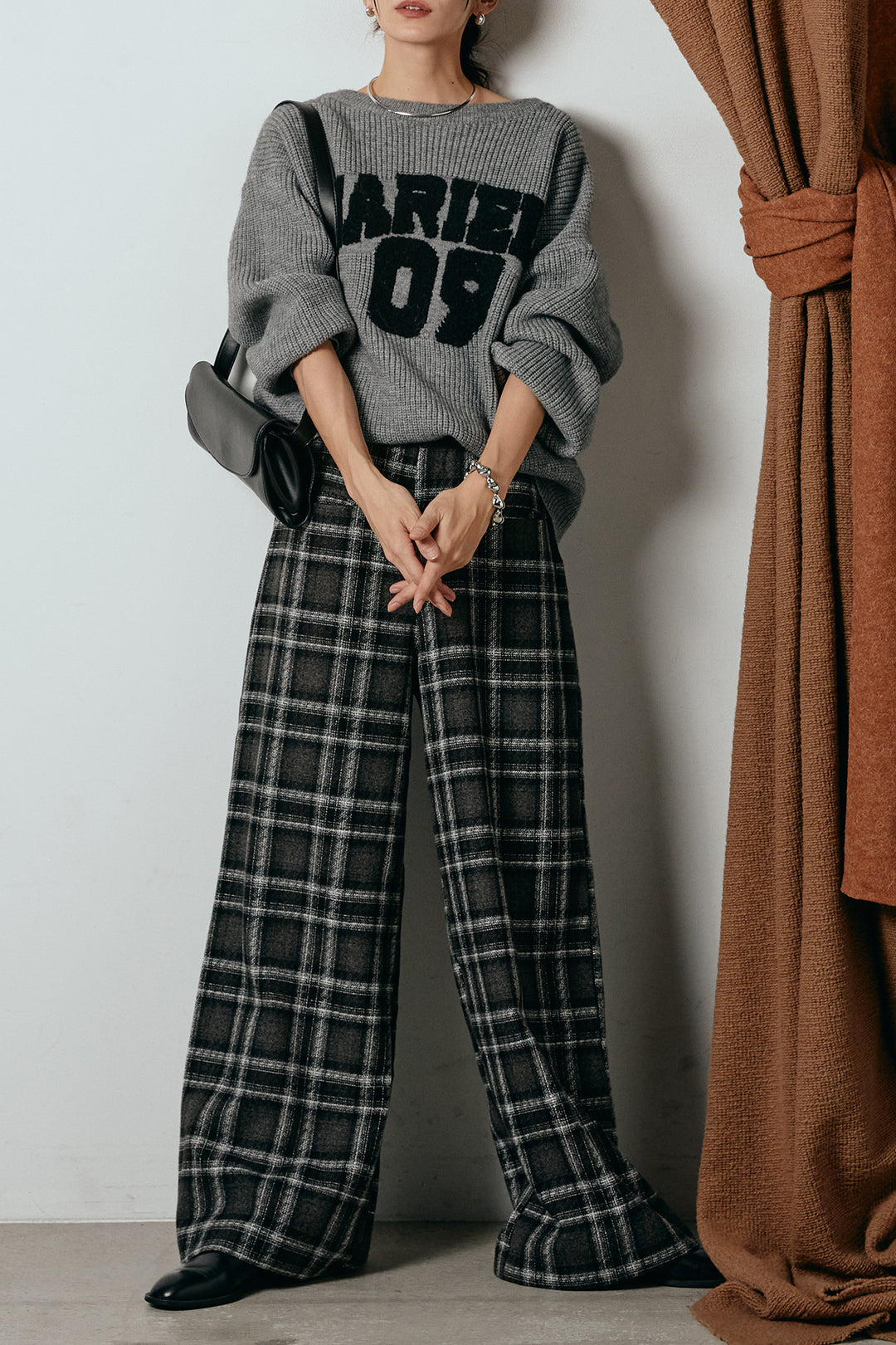 [SET]ロゴジャガードニットトップス+ルーズタータンチェックワイドパンツ(2set)