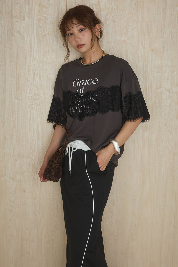 [SET]レースロゴプリントTシャツ+ミニ裏毛ストレートスカート(2set)