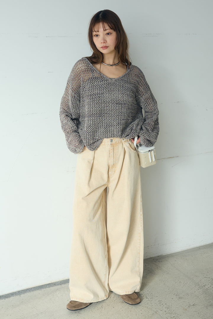[SET]メッシュ編みビスチェセットVネックプルオーバー+カラーデニムタックカーブパンツ(2set)