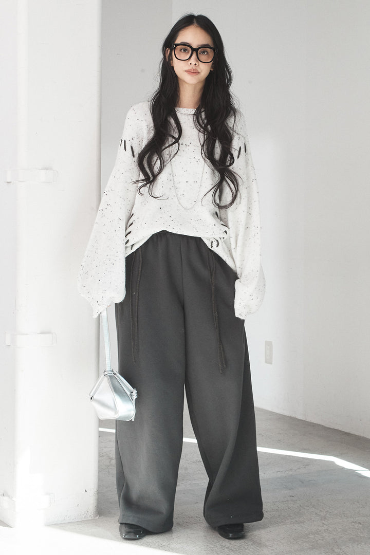 [SET]ネップ編み上げニットトップス+裏起毛スウェットワイドパンツ(2set)