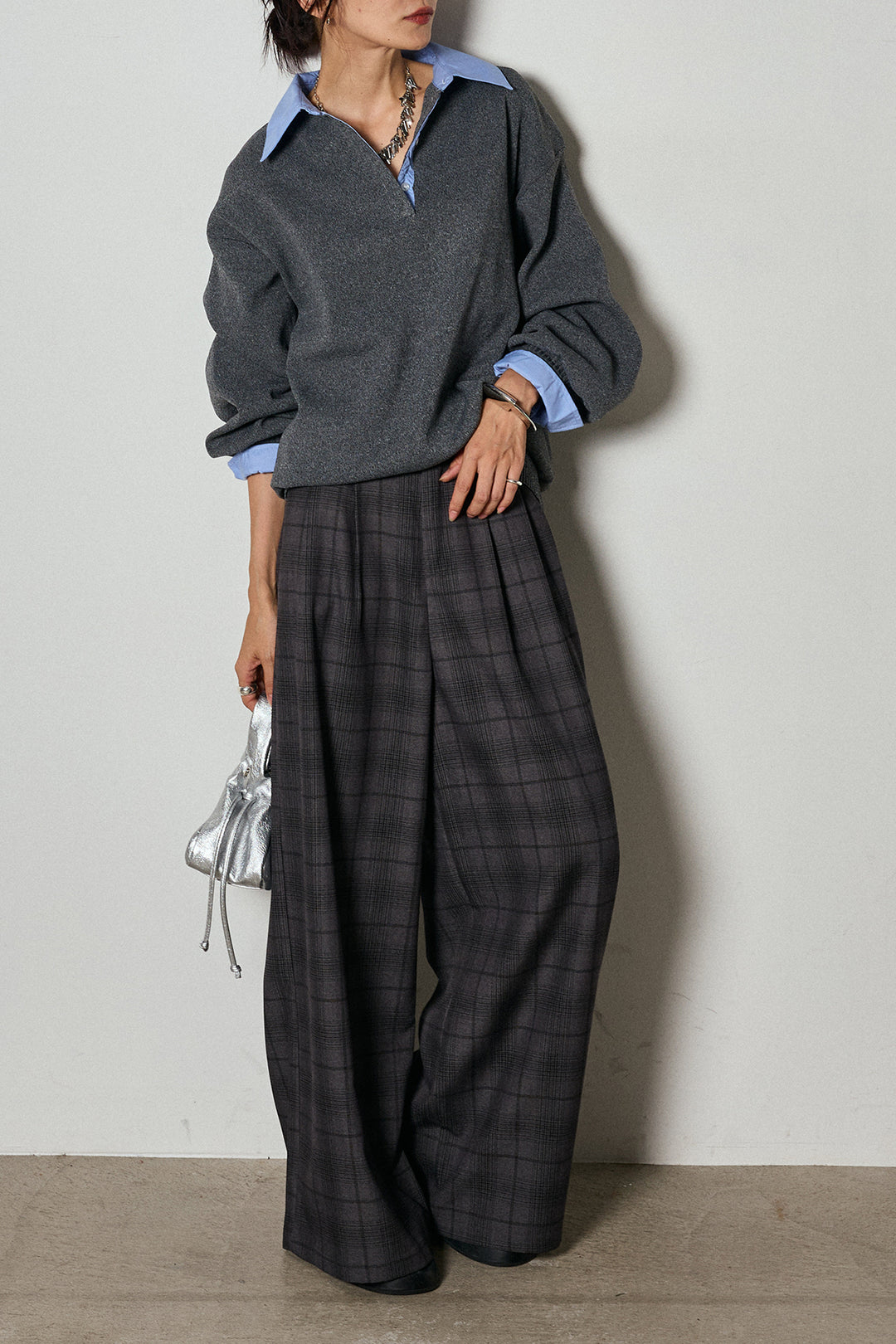 【即納】タック入りタータンチェックワイドパンツ