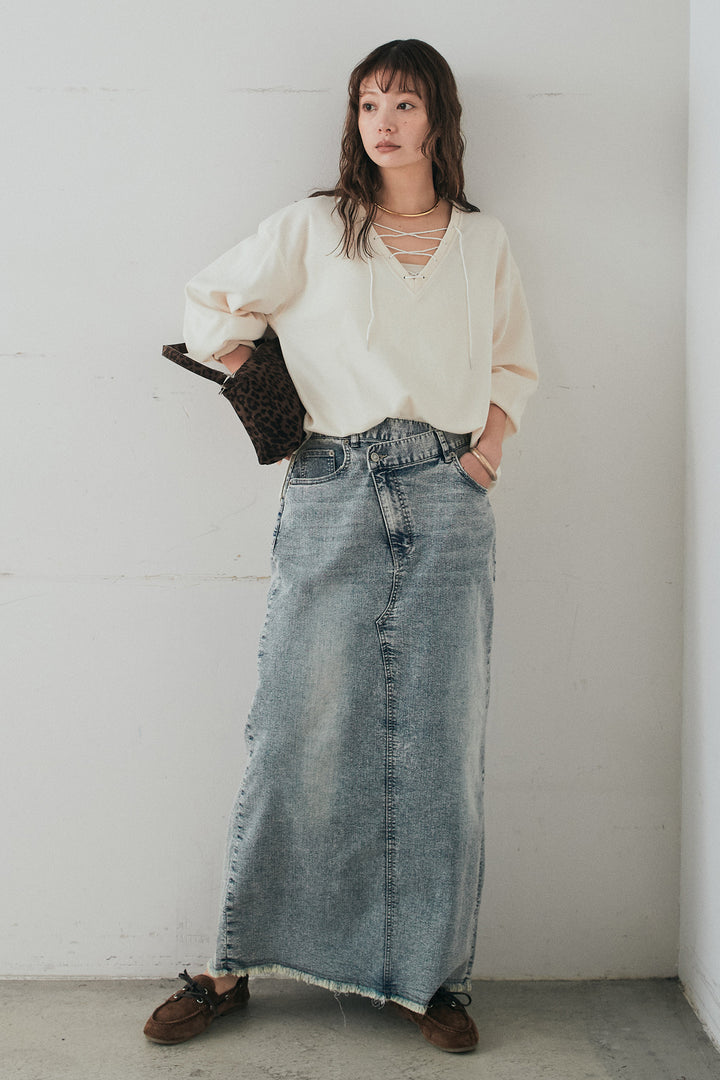 [SET]レースアップワッフルボーダートップス+ウエストクロスデニムタイトスカート(2set)