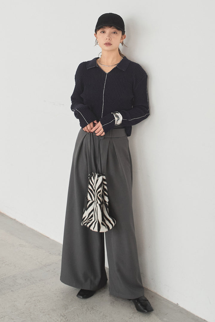 [SET]衿付きニットプルオーバー+ベルト付きツータックワイドパンツ(2set)