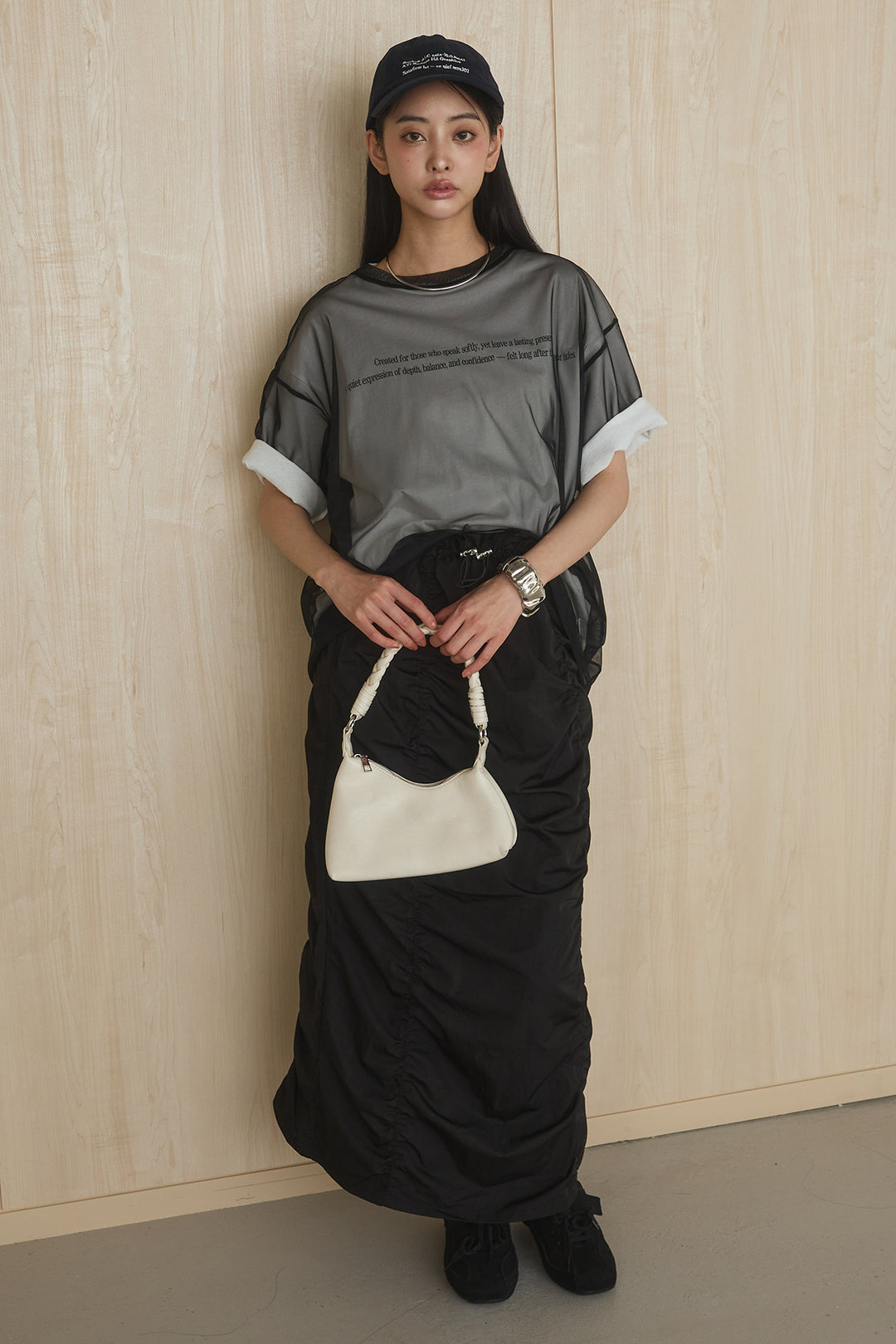 [SET]綿天竺Tシャツ×チュールトップス+ギャザーナロースカート(2set)