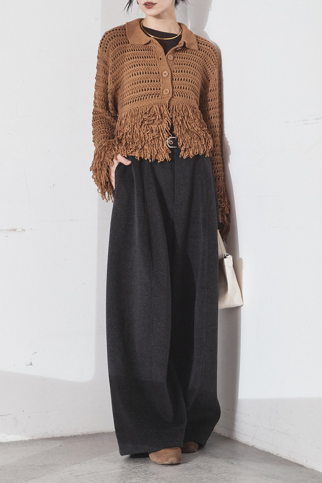 [SET]メッシュフリンジカーディガン+ウールタッチカーブワイドパンツ(2set)