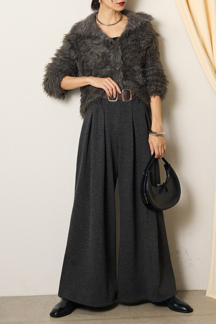 [SET]襟付きシャギーニットカーディガン+フェイクレザー太ベルト付きタックワイドパンツ(2set)