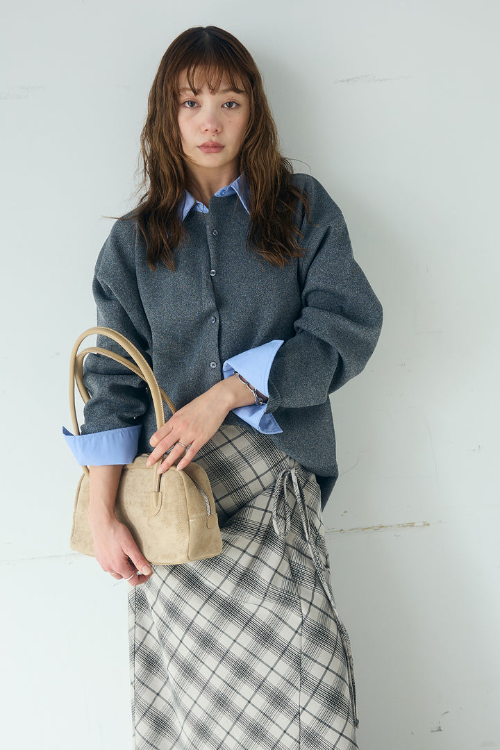 [SET]シャツレイヤード風カーディガン+タータンチェック柄フロントデザインスカート(2set)