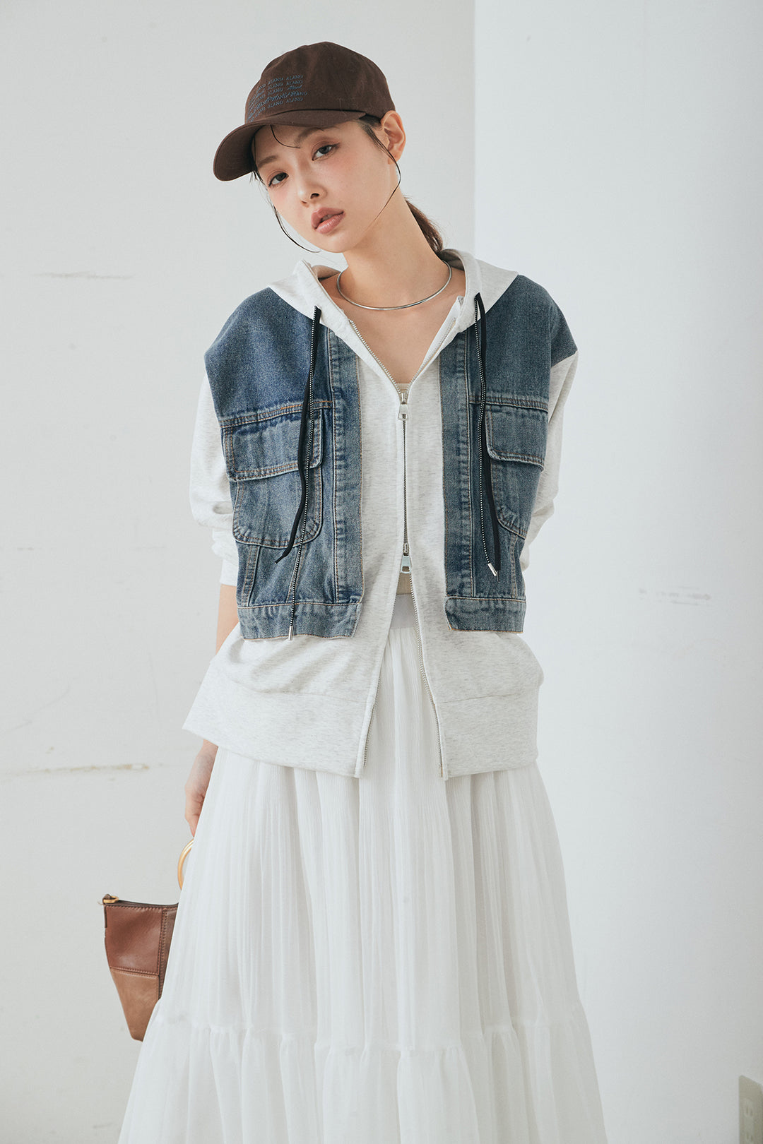 [SET]デニム切替ポンチダブルジップパーカー+ボリュームシルエットチュールスカート(2set)