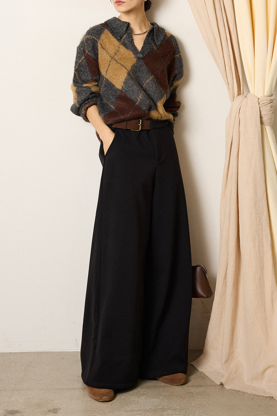 [SET]アクリルモヘアアーガイルキーネックプルオーバー+サイドベルトパンツ(2set)