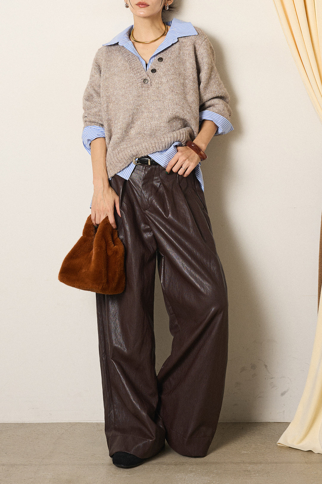 [SET]ストライプシャツドッキングニットポロトップス+ベルト付きレザーライクタックパンツ(2set)