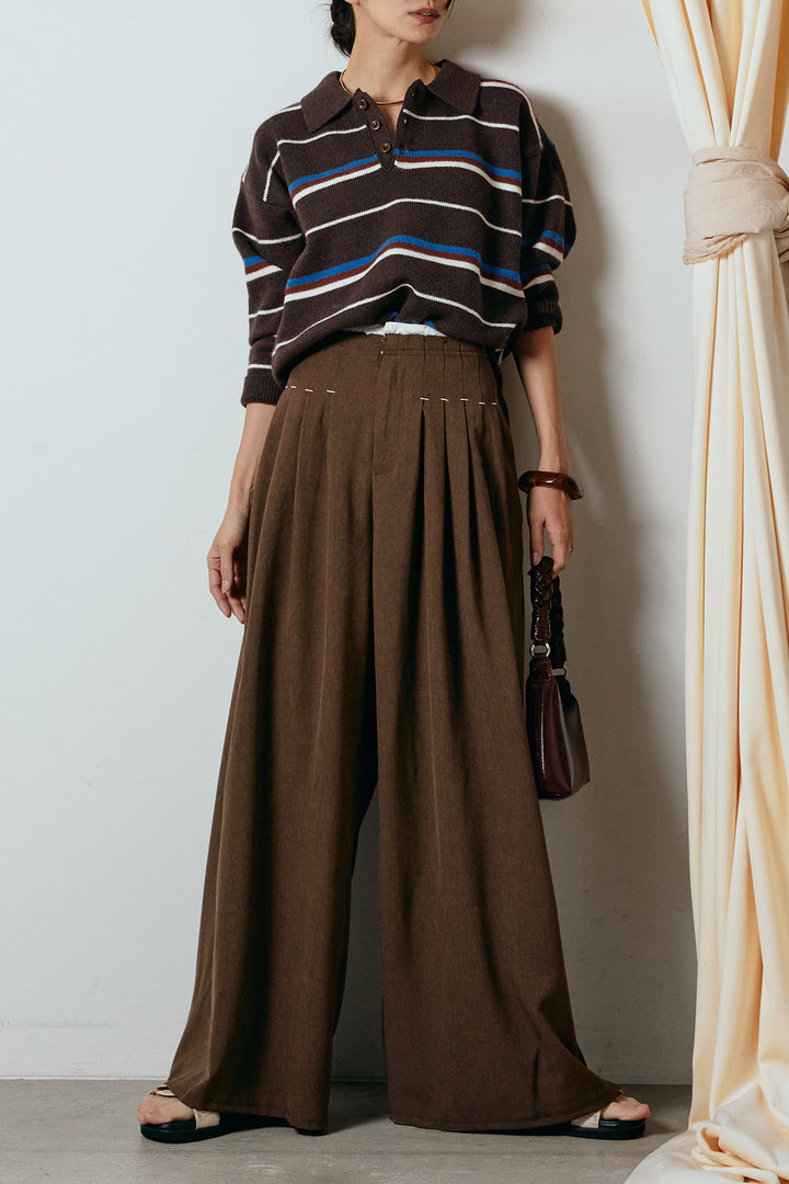 [SET]襟付きマルチボーダーニットポロトップス+ウエストステッチデザインワイドスラックス(2set)