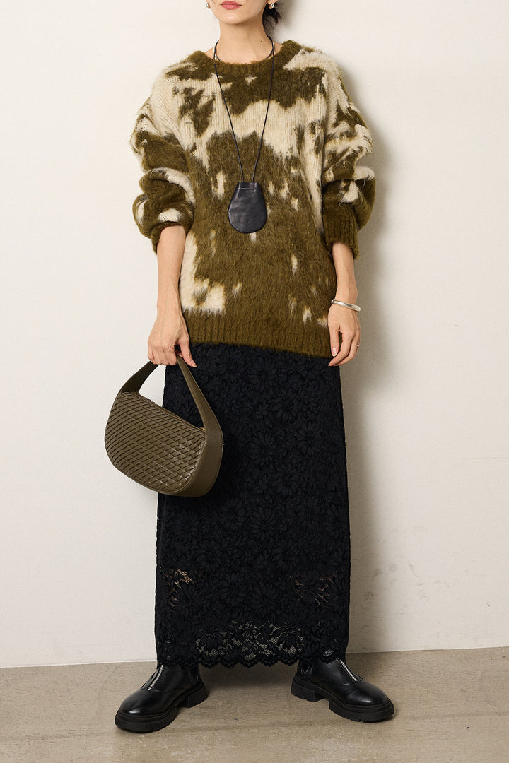 [SET]モヘアタッチマーブルニット+花柄刺繍ベロアフレアスカート(2set)