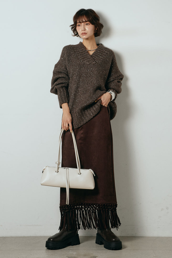[SET]Vネックラメニットトップス+スウェードライク裾フリンジスカート(2set)