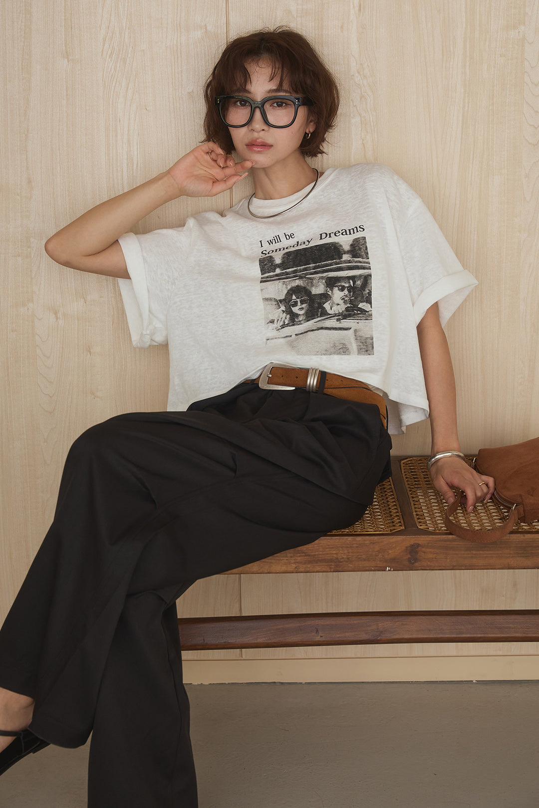 [SET]グラフィックサムデイワイドクロップドT+ニーサイドタックウエストドロストパンツ(2set)