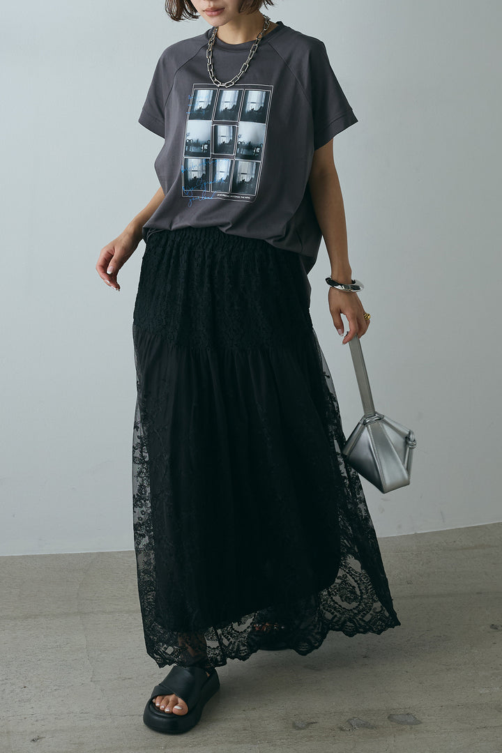 [SET]フォトプリントラグランTシャツ+ミックスレース刺繍スカート(2set)