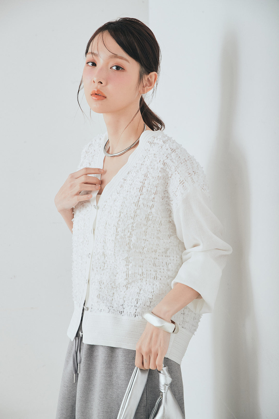 [SET]モコレースVネックカーディガン+カットダンボールウエストフリルカーブパンツ(2set)